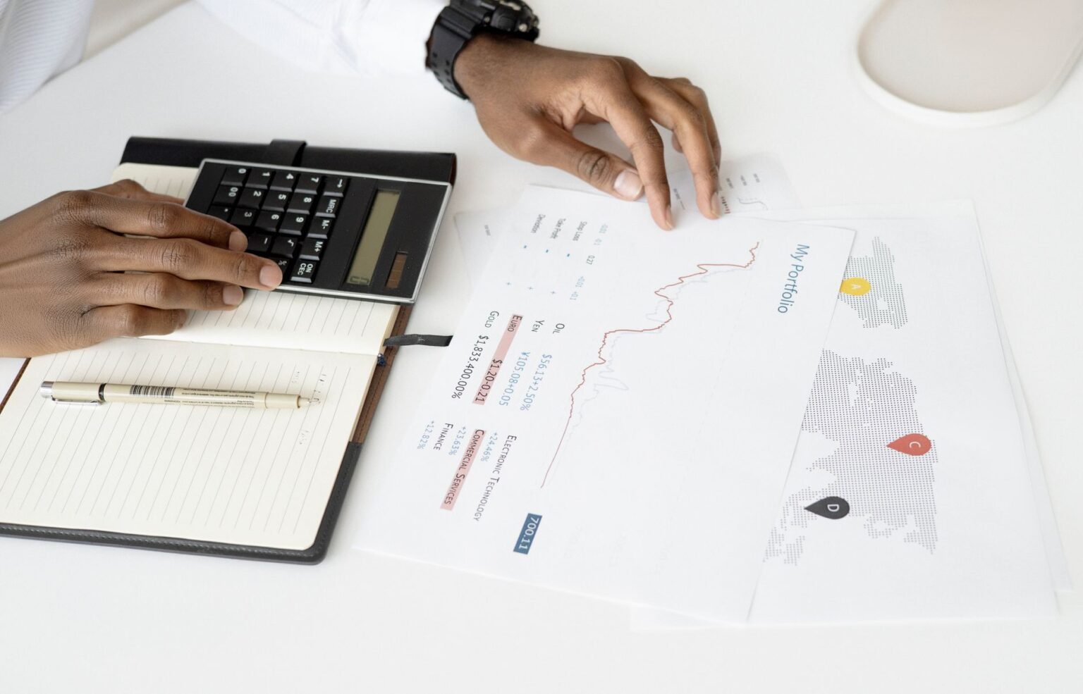 Mesa com documentos financeiros e calculadora, representando o cálculo do custo de um time interno de marketing. Foto de Hanna Pad via Pexels.